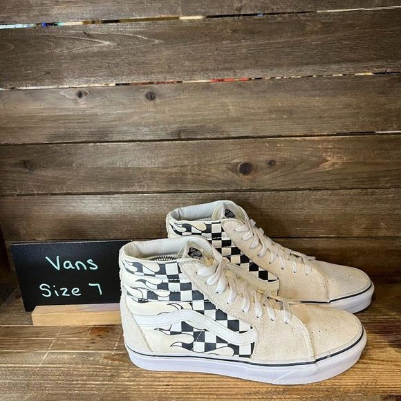 Womens Vans Sk8-Hi Ivory Suede Checkerboard Flames‎ Sneakers Shoes Size 7M 8.5W - Picture 1 of 7